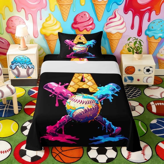 Erosebridal Letter A Dripping Waffle Baseball Print Twin Sheet Sets, Sports Monogram Bedding for Kids Boys and Girls, 1 Flat Sheet, 1 Fitted Sheet and 1 Pillowcase