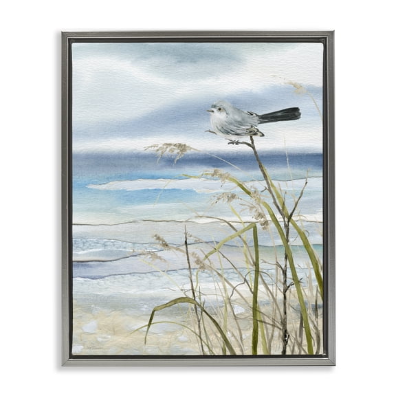 Stupell Industries Coastal Bird & Abstract Beach Gray Floating Frame Canvas Art, 25 x 31, by Carol Robinson