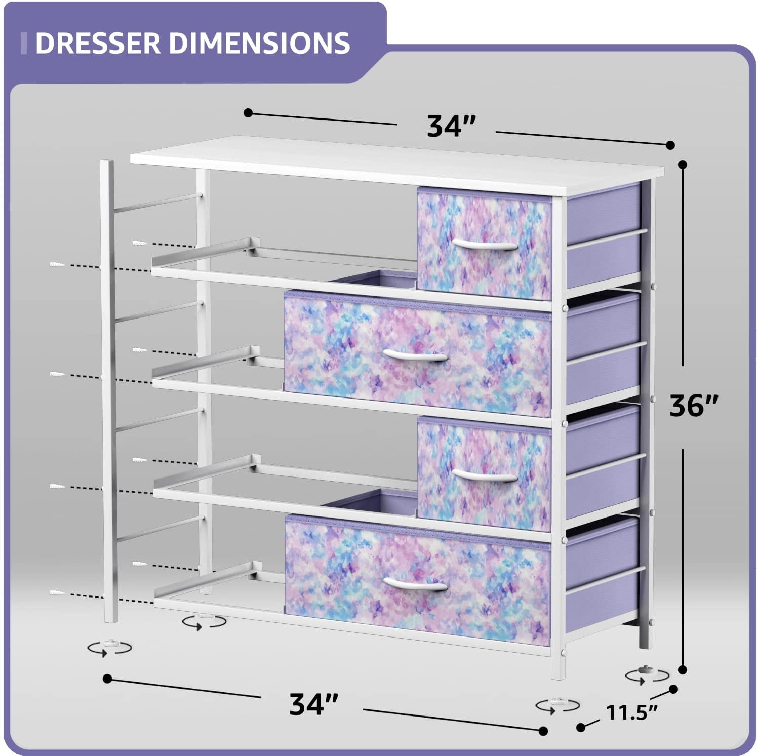 Sorbus 8-Drawer Dresser, Steel Frame Storage Chest with Fabric Bins, Wood Top, Tie-Dye Purple