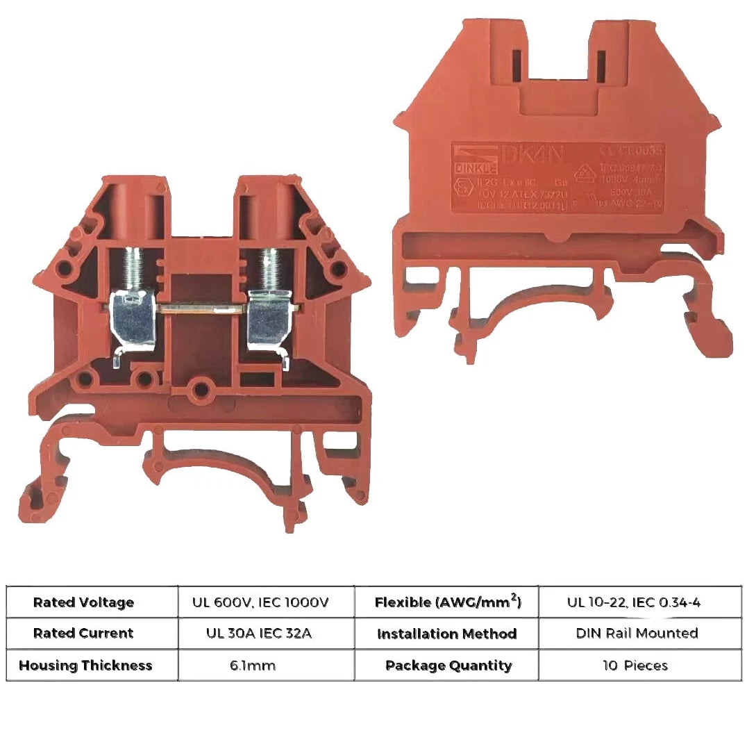 UL Listed 10 Gang DIN Rail Terminal Blocks, with (8) 2P Jumpers,6-20 AWG, 60 Amp, 600 Volt