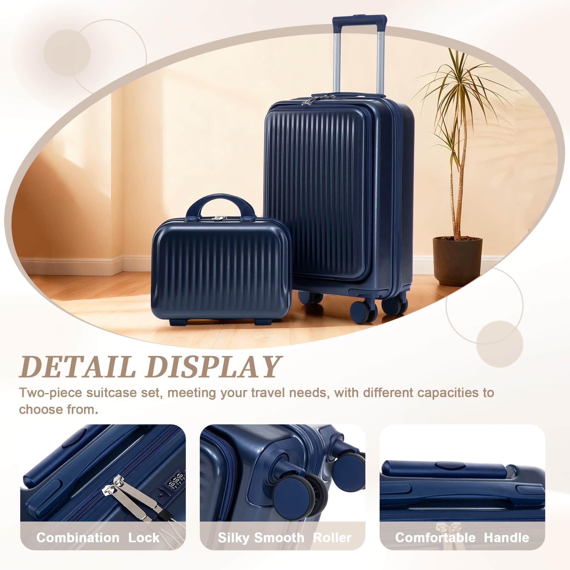 Leumius 2 Piece in ABS Spinner WheelLuggage Sets, HardsideSuitcase with CombinationLock,20 inch Carry OnLuggage 14 inch CosmeticCase,Navy