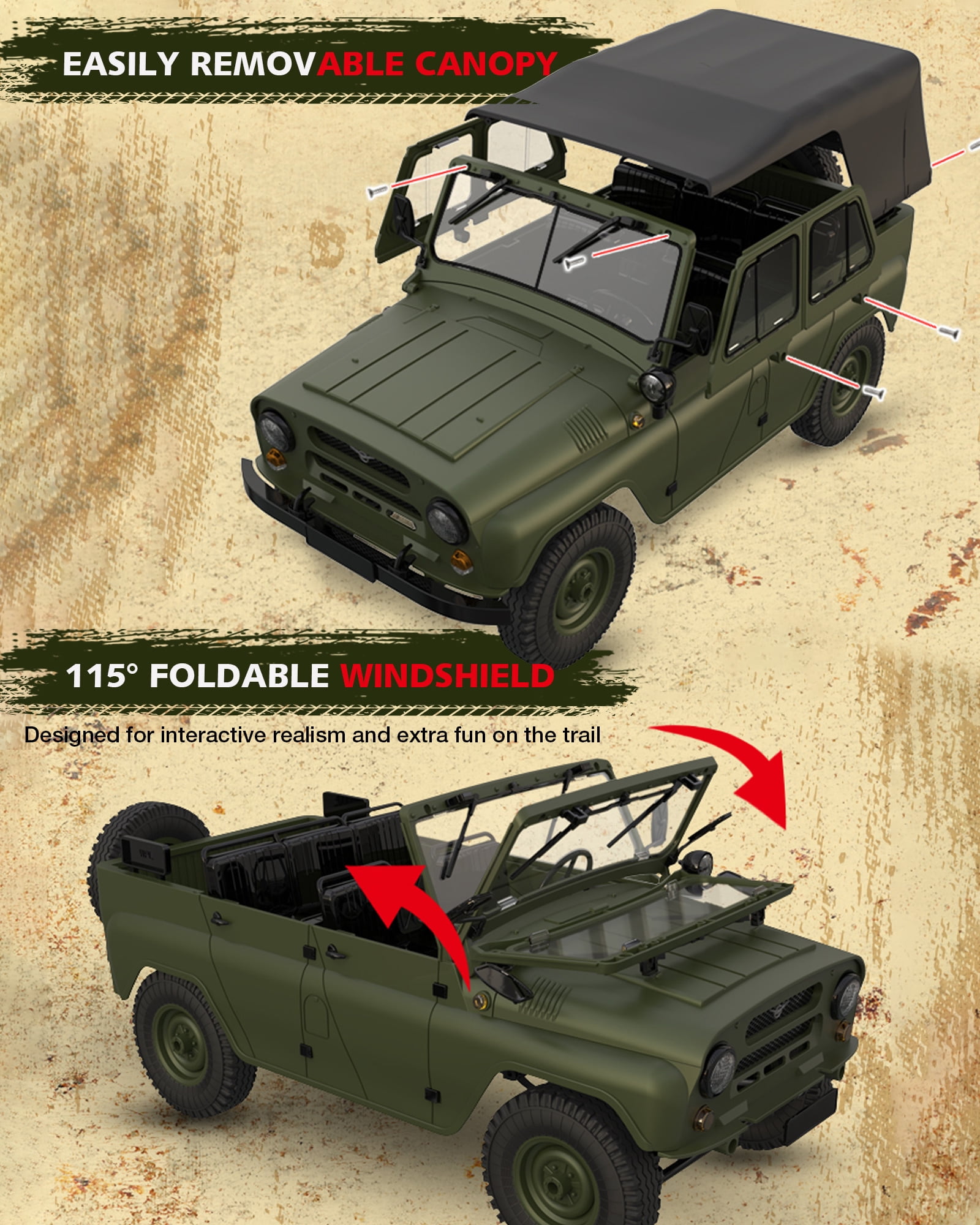 ARRIS WPL C94 UAZ-469 1/12 RC Crawler, 4WD RC Rock Crawler Truck RTF, Off-Road Military RC Car, Hobby-Grade Trail Truck for Adults Green