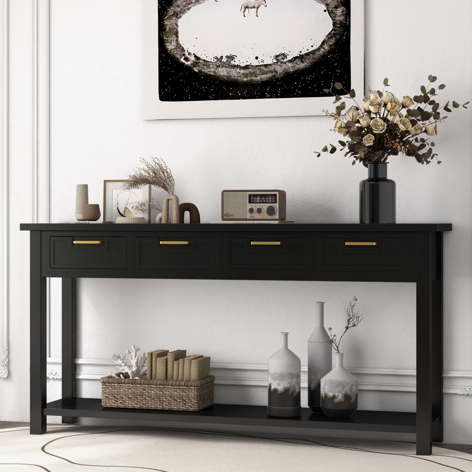 Kinsuite Black Entryway Table with 4 Drawers - Modern Console Table with 1 Bottom Shelf Living Room Furniture Wood Hallway Table Entryway Table for Living Room Bedroom Kitchen, Black