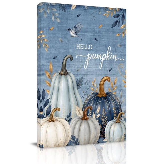 Canvas Wall Art, Navy Blue Pumpkins Fall Framed Canvas Prints for Living Room Office, Thanksgiving Leaves Shabby Blue Large Gallery Wrapped Wall Decor for Home Office, Gifts, 16"x24" Ship Next Day