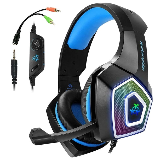 Hunterspider V1 Auriculares con cable para juegos con micrófono y cancelación de ruido LED Auriculares con cable, negro azul Advancent EL000993-01B