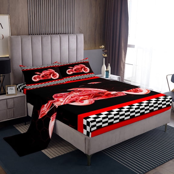 Erosebridal Dirt Bike Sports Twin Sheet Sets, Red Bedding Twin Size, Motorcycle Sport Decor 3 Pieces
