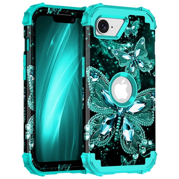 Casetego For iPhone 16e Case,iPhone 17e Case,Glow In The Dark Cute Fashion Blue Crystal Butterfly,Heavy Duty Shockproof Protective Stylish Phone Case For Women Girls Gifts,Green Butterfly