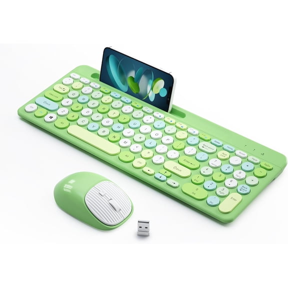 Retro Wireless Keyboard and Mouse Combo, Full-Size USB with Round Keycaps, 2.4GHz for Desktop, Laptop Computer (Green-Colorful)