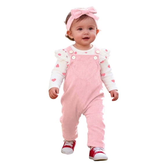 VNKIDY Girls Baby Heart Prints 3 Piece Outfit Ruffled Long Sleeve Crewneck Romper Solid Color Overalls With Bow Headband For Casual Daily Wear Lovely Set