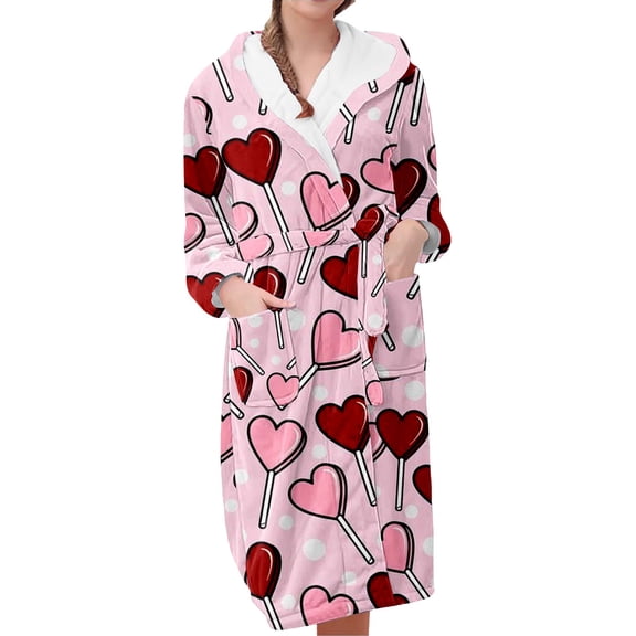 FEIJIBA Hooded Plush Fleece Bathrobe Women's Robe Long Warm Loungewear Jacket Printed Comfort Robes for Women Valentine's Day