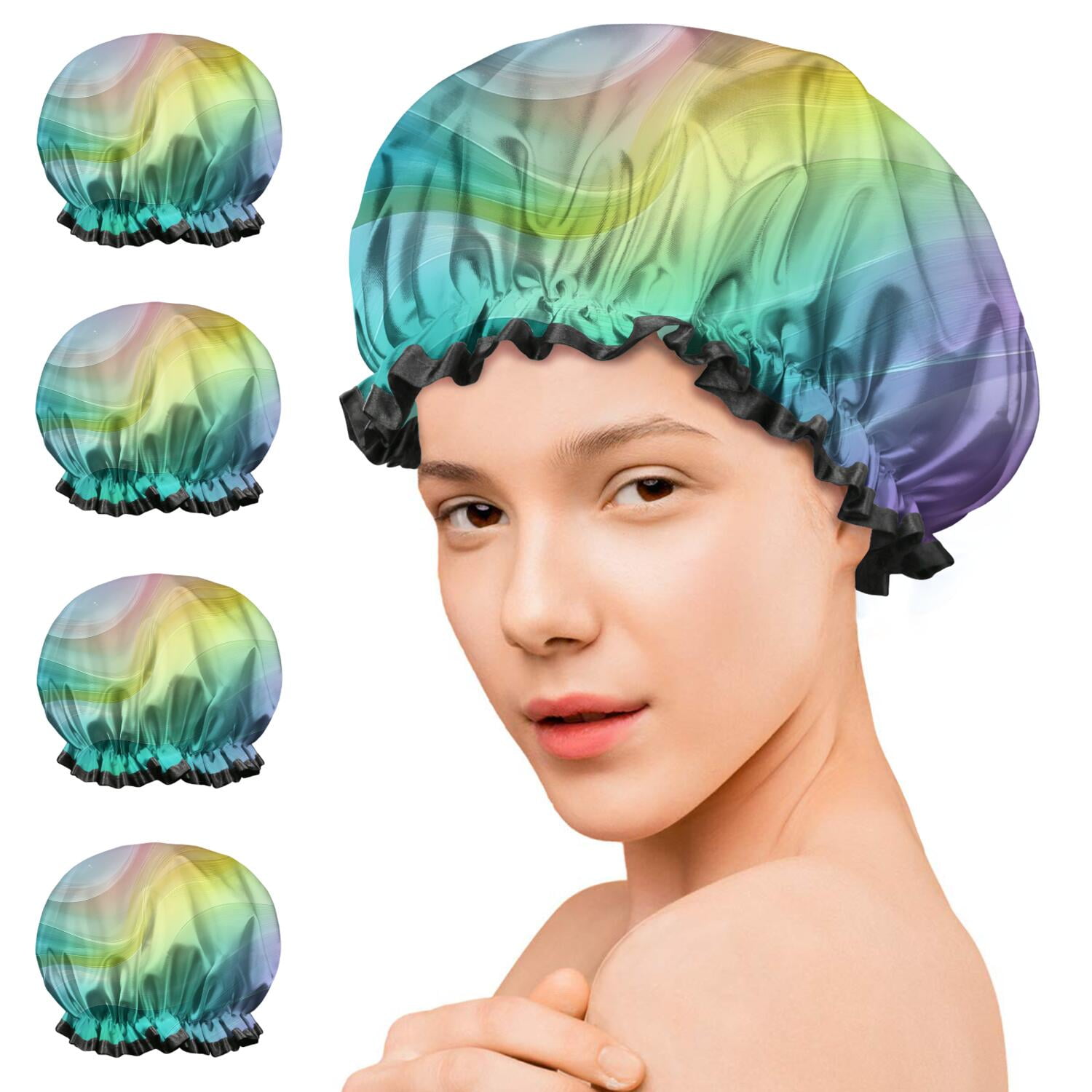 Shower Caps,Rainbow Tie Dye Swirl Pattern Waterproof Shower Cap for Women 4 Pieces,Double Reusable Hair Cover for Shower PEVA Elastic Stretch Hem