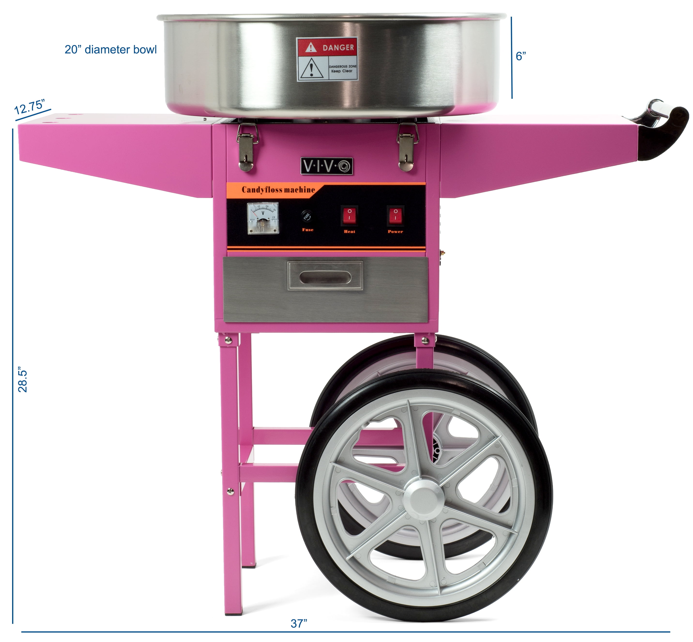 Cotton Candy Machine Electric Commercial Candy Floss Maker with Cart 20'' Pink 