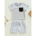 thumbnail image 3 of ZAXARRA Vêtements pour Garçons Tout-Petits, Hauts à Manches Courtes Col Rond Rayé Pantalons Courts à Cordon Tenues Décontractées, 3 of 9