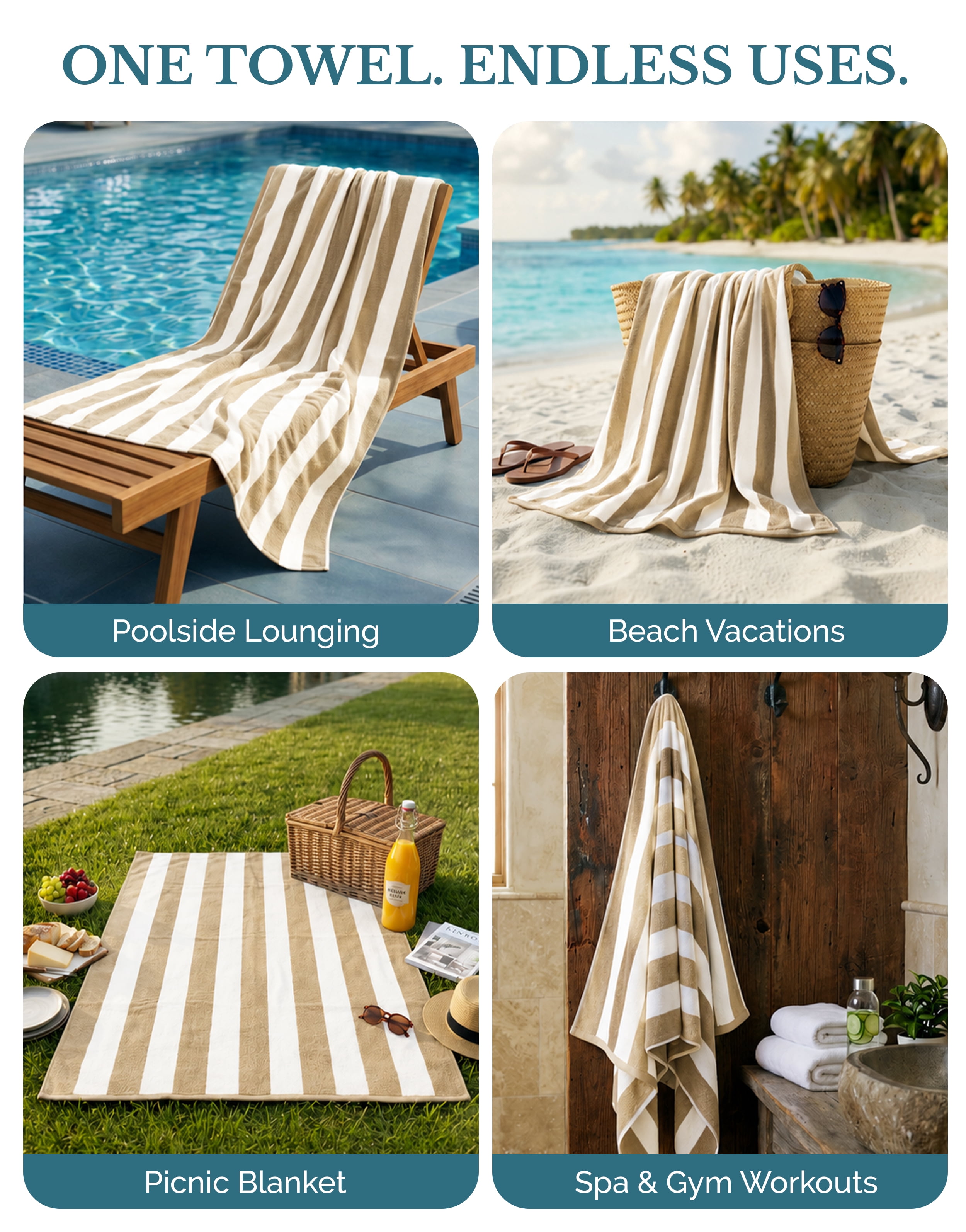 Casa Platino Turkish Beach Towel Set of 4 - 100% Cotton Cabana Striped Beach Towels For Adults (30" x 60”), Lightweight Quick Dry for Swimming, Travel and Outdoor Use - Biege