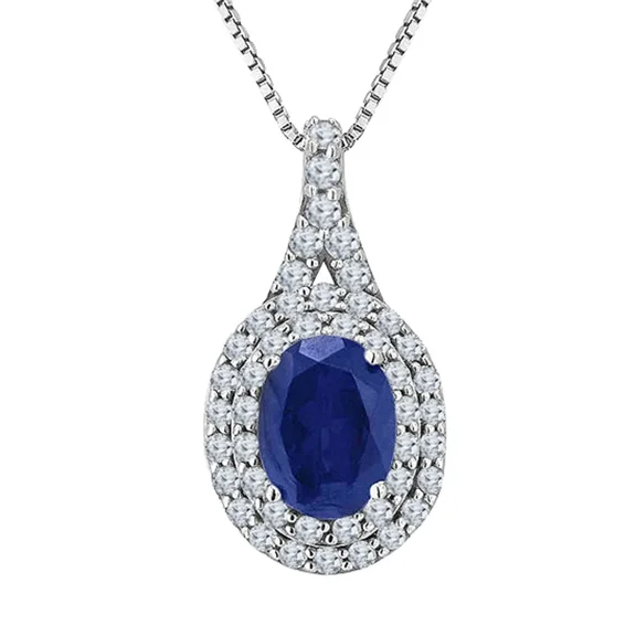 14K White Gold Plated Sterling Silver Oval-Cut Blue Sapphire Pendant Necklace with White Diamond Halo, 18" Chain – Elegant Birthstone Jewelry for Women