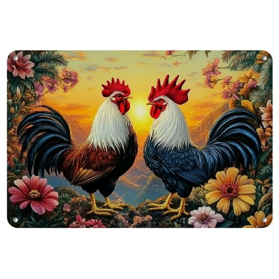 Rustic Farmhouse Chicken Metal Tin Sign - Vintage Dual Roosters Wall Art for Home, Cafe, Garage & Garden Decor, YNLLOOFA, Metal Tin Sign