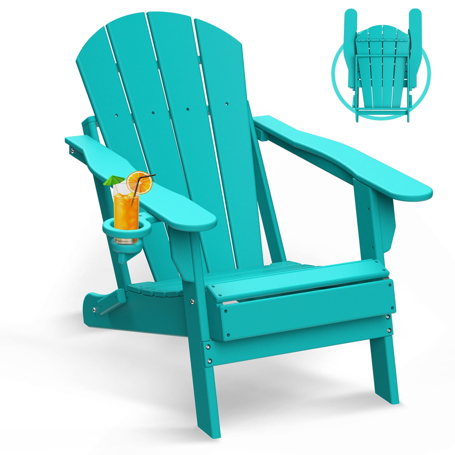 Folding Adirondack Chair HDPE Weather Resistant Patio Chairs w/Cup