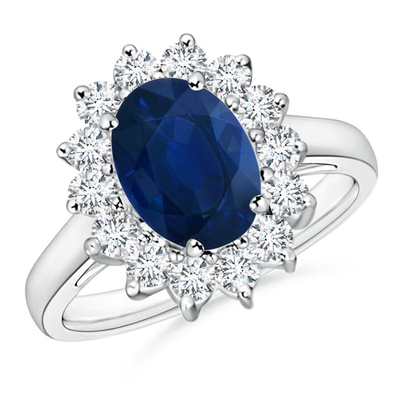 Angara Bague Princesse Diana Inspirée 2 ct Saphir Bleu avec Diamant Halo pour Femmes en Platine (Taille : 9x7mm / Taille de Bague : 11) / Pierre de Naissance de Septembre, Anniversaire, Bijou Cadeau pour Femmes