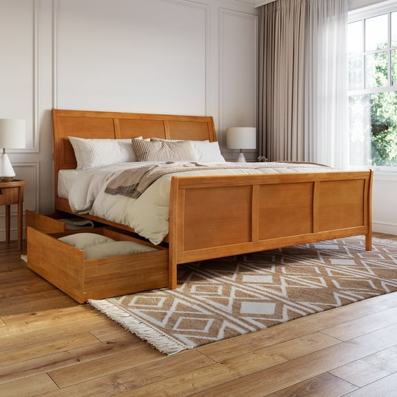 Portland King Storage Wood Platform Bed with Matching Footboard in Light Toffee