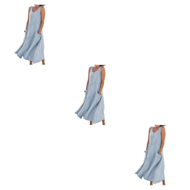 Qarigey vestido de verano de las mujeres sin mangas cuello boho chaleco kaftan de playa con bolsillos diario viaje cielo azul / xl Type1 NO1