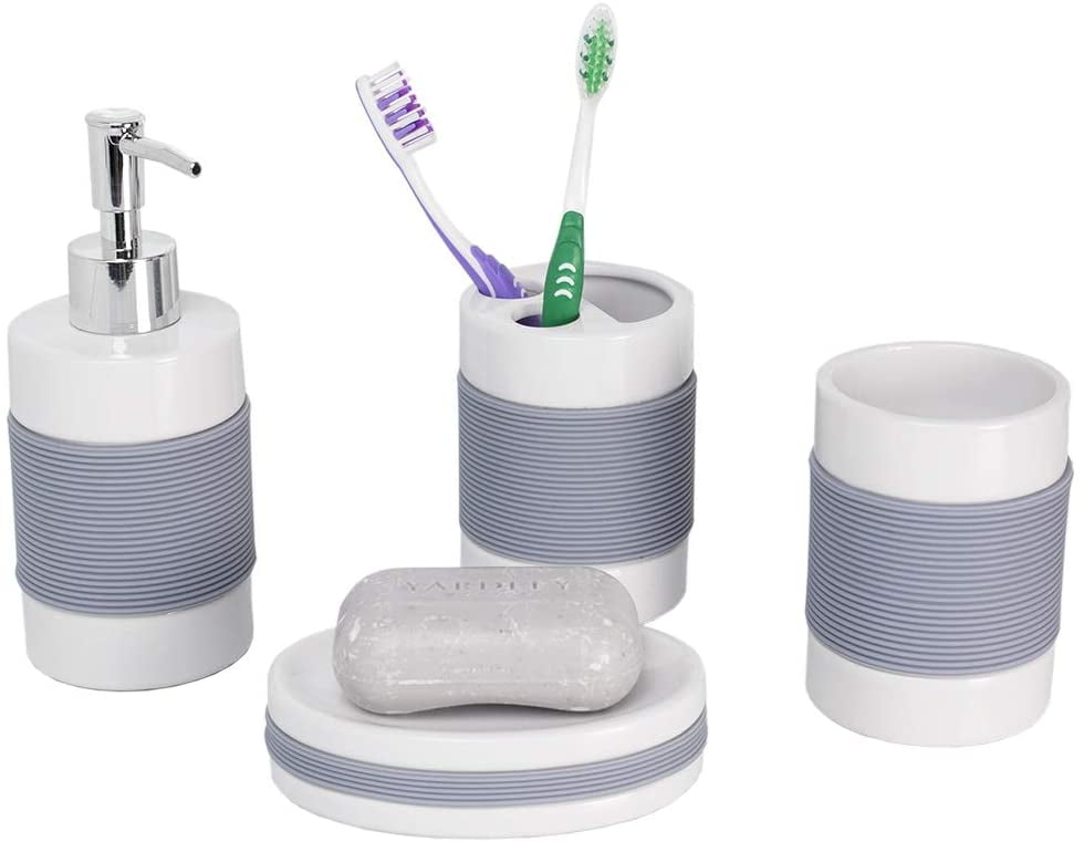 Home Basics 4Piece White with Rubber Bathroom Accessory Set