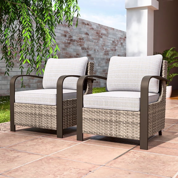 COOS BAY Aurora Terrace Set of 2 Brown Wicker Rattan Patio Lounge Chairs, Metal Curved Armrest, Beige Cushion