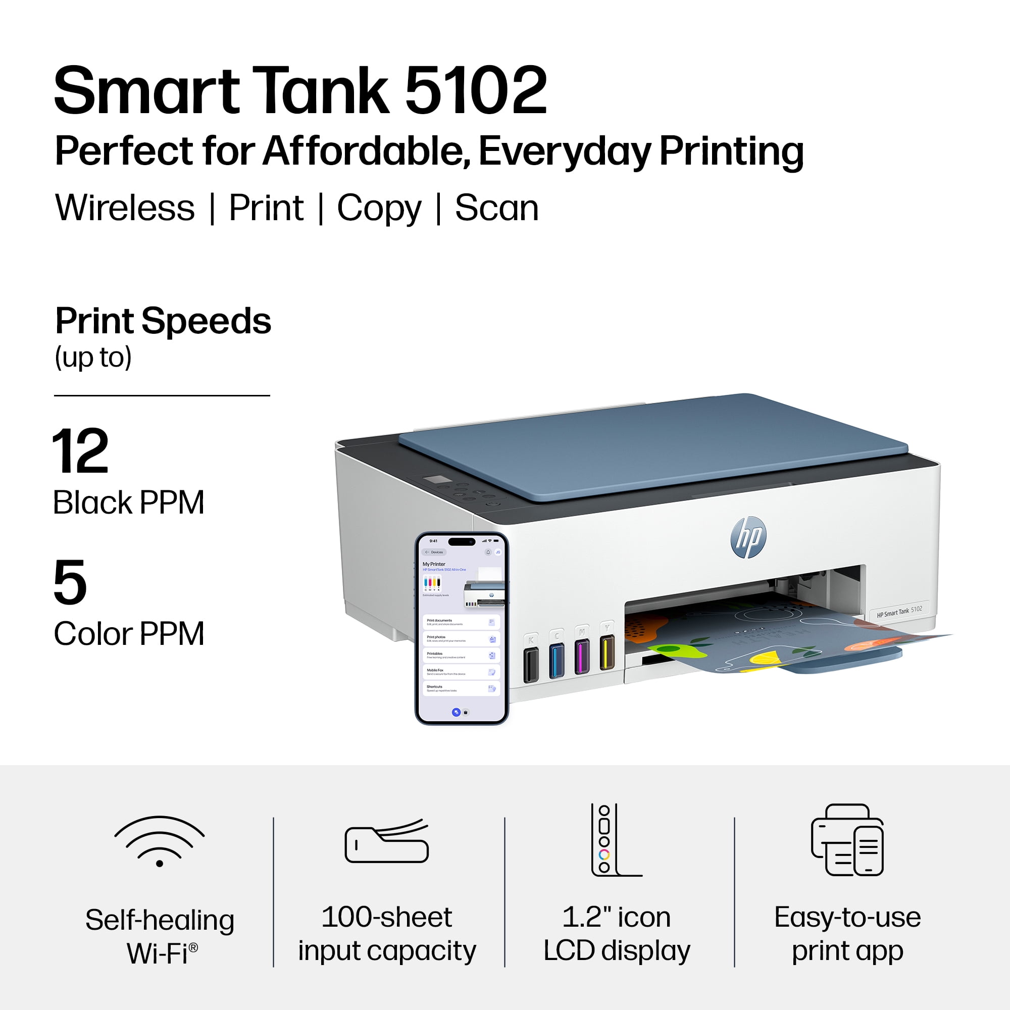 HP Smart Tank 5102 Wireless All-in-One Cartridge-Free Ink Tank Printer, 2 Yrs Ink Incl, Surf Blue