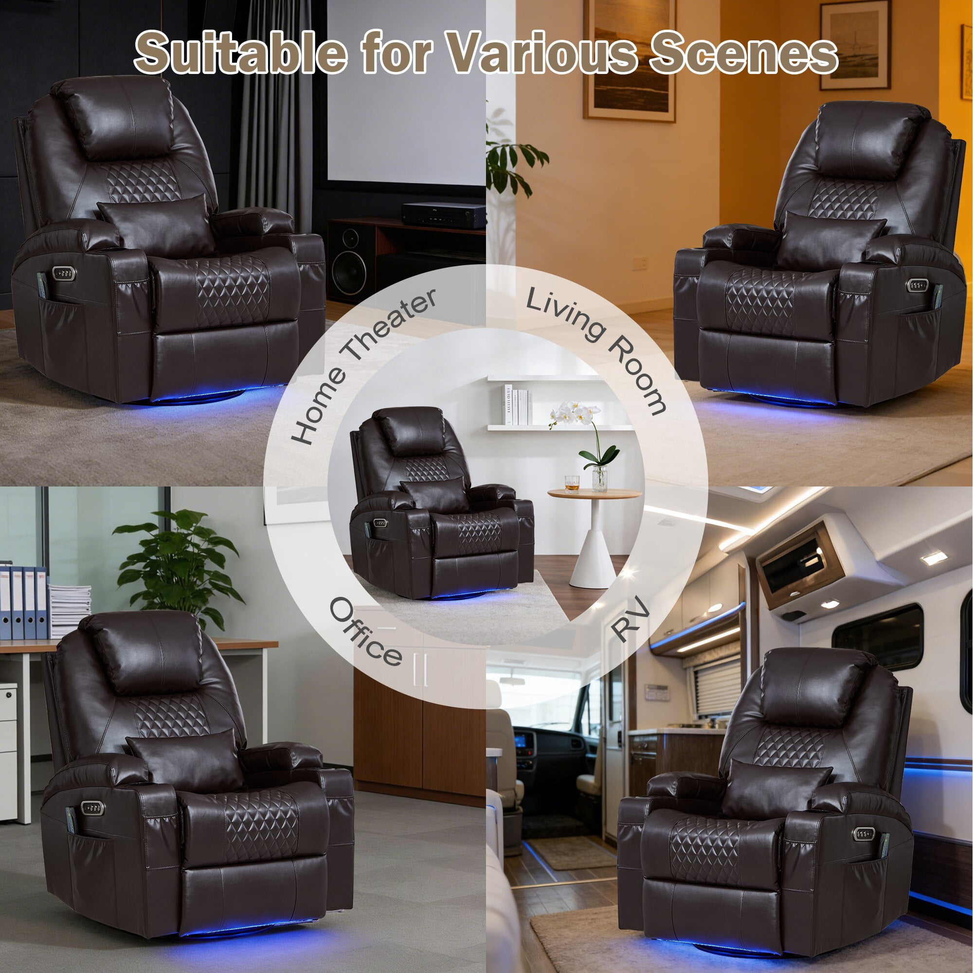 QJTC Power Swivel Rocker Recliner Chair for Living Room - Rocking Recliner with Heat and Massage/Cup Holder/LED Lights/USB & USB-C Ports (Set of 2, Black)