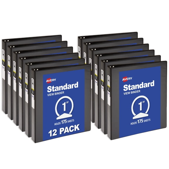 Avery® Standard View 3 Ring Binder, 1" Round Rings, 1 Black Binder - 12 Pack