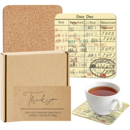 Vintage Library Due Date Card Coaster Set 4pcs Library Card Coasters with Gift Card Creative Drink Coffee Mug Coaster Literary Decor Library Gifts for Book Lovers Librarians Writers