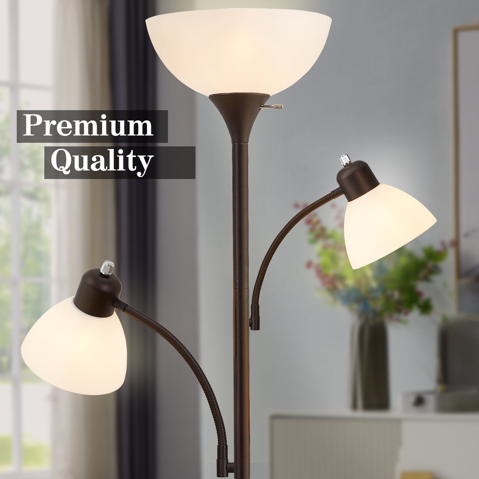 NATYSWAN Torchiere Floor Lamps for Living Room with 2 Reading Lamps, Modern Tall Standing Lamps, Industrial Bright Floor Lamp for Bedroom, Office, Dresser, 3 LED Bulbs Included