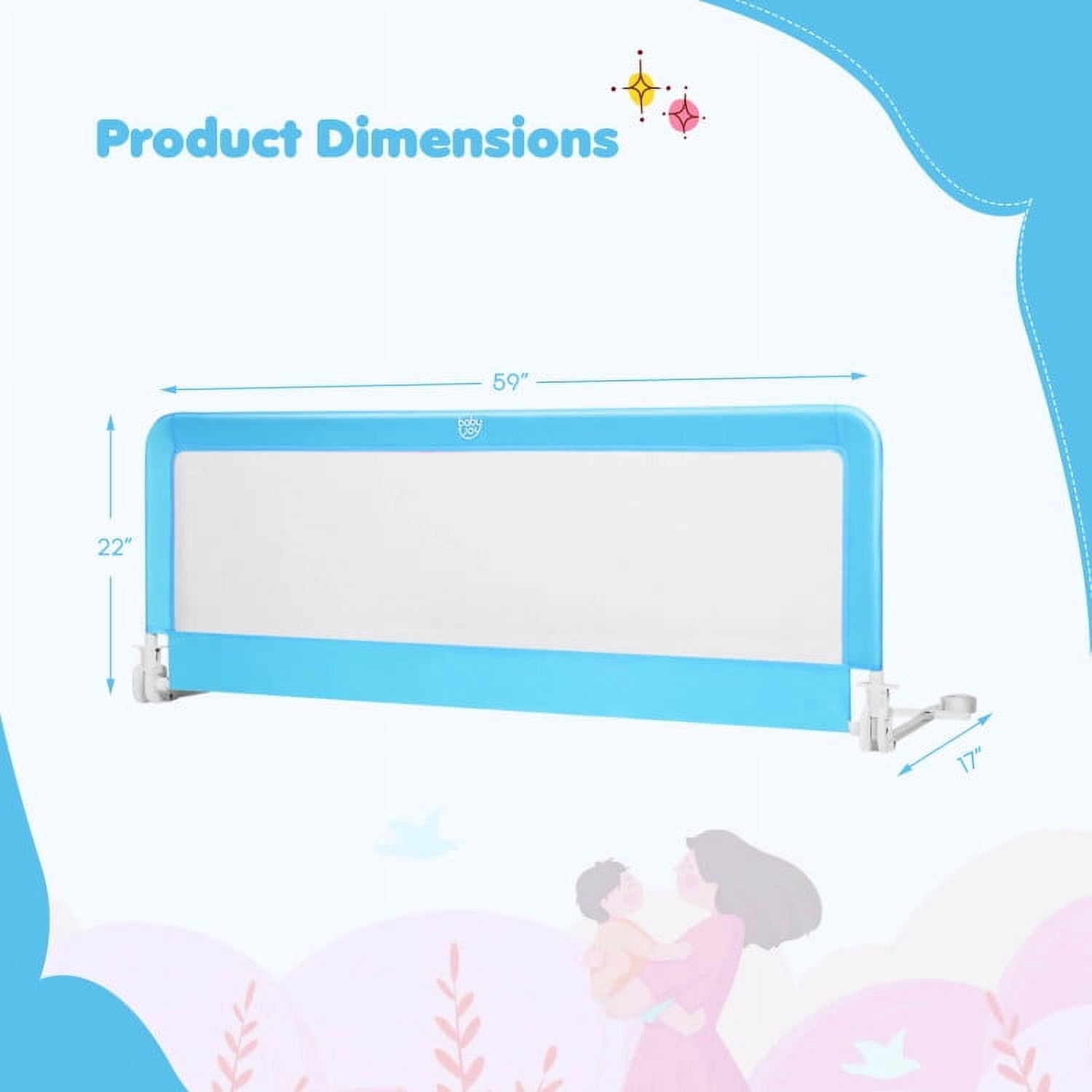 YYAo Bed Guard Rails,Bed Fence,Bed Gate for Baby,59 Inch Folding Breathable Baby Bed Rail Guard with Safety Strap-Blue