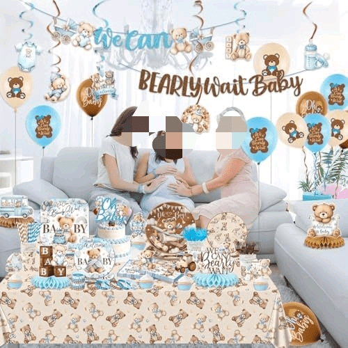 Blue Bear Baby Shower Decorations for Boy We Can Bearly Wait Baby Shower Plates and Napkins Tablecloth Banner Toppers Bracelets Sash Honeycombs Balloons for Boy Baby Shower Party Supplies Serve 26