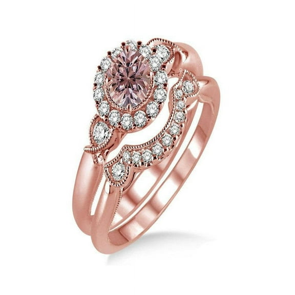 1.25 Carat Morganite & Diamond Antique Three Stone Flower Halo Bridal Set in 14k Rose Gold morganite and diamond engagement ring