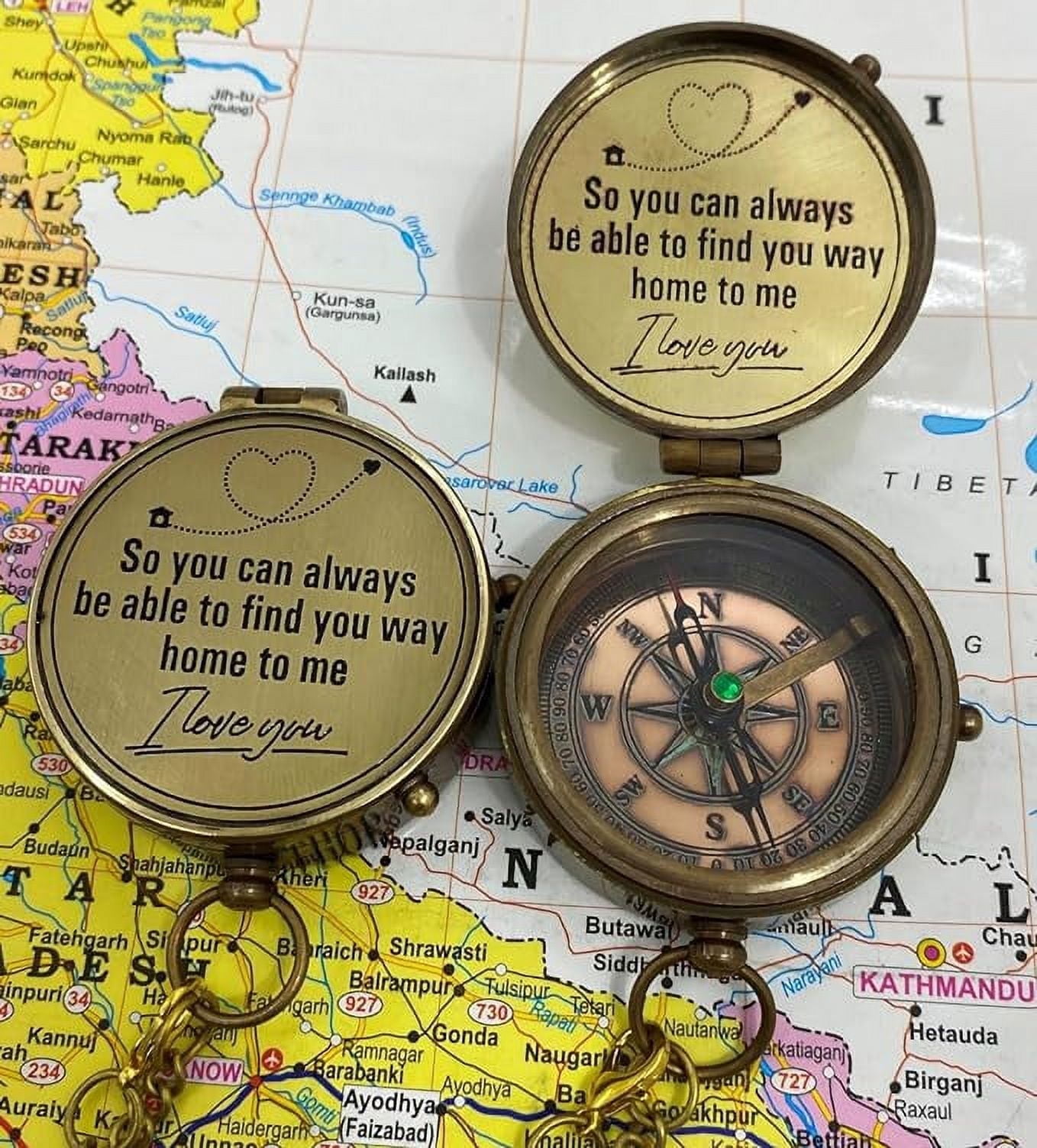 Engraved Brass Pocket Compass With Leather Case – “Find Your Way Back Home” – Vintage Style For Hiking, Gifts