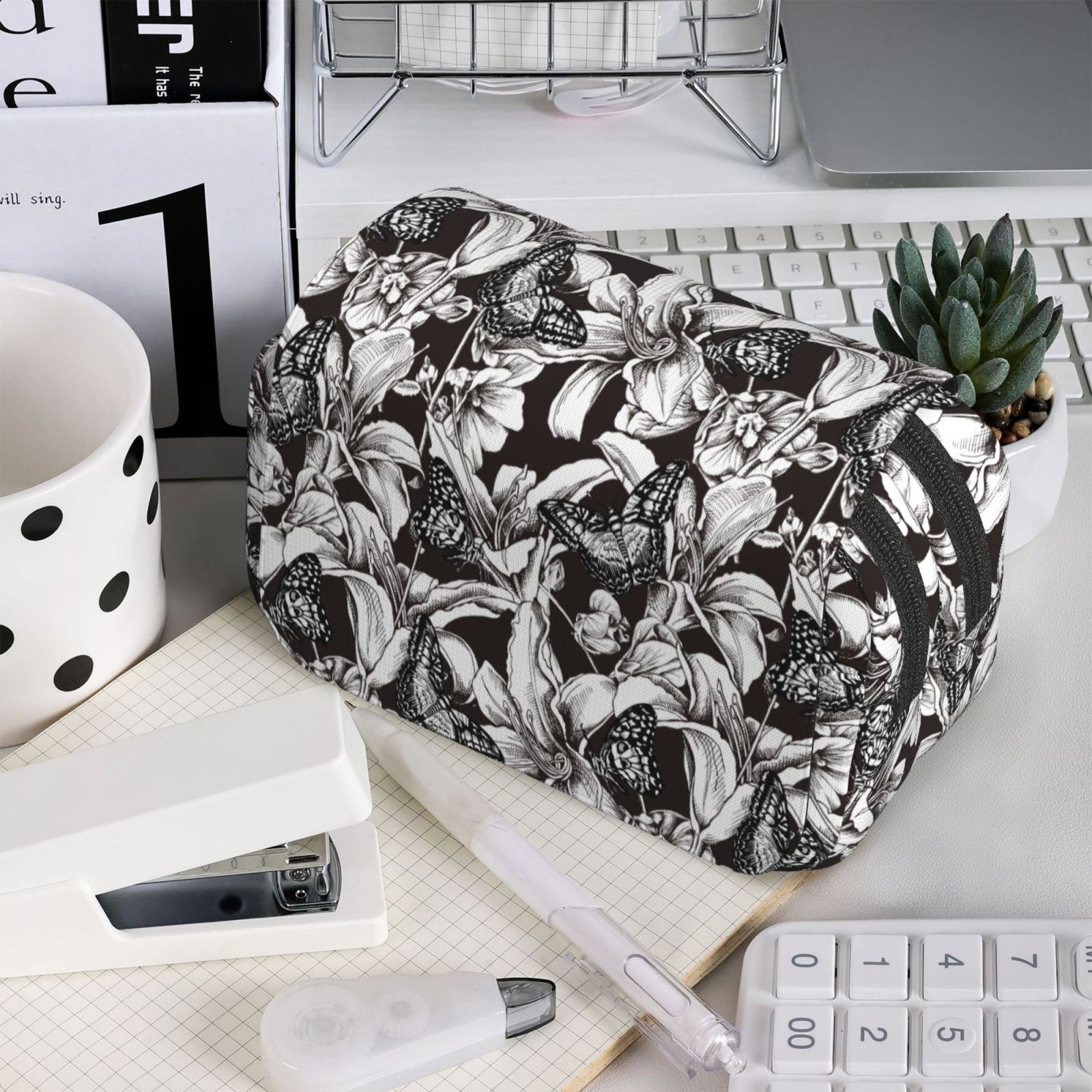 Rateoe Lilies Flowers Pattern Double Clamshell Pen Case, Storage Organizer with Two Zipper Compartments– Holds Up to 50 Pencils & Pens