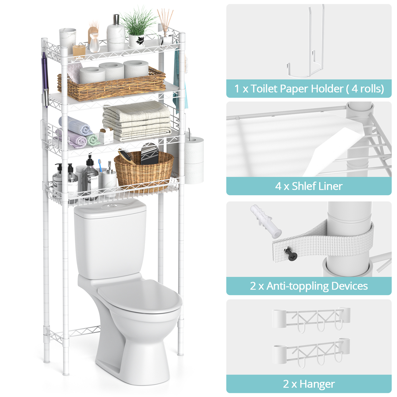 Over The Toilet Storage, Bathroom Organizer Shelves Space Saver Over Toilet, Above Toilet Storage Rack, Over-The-Toilet Storage Shelf, White