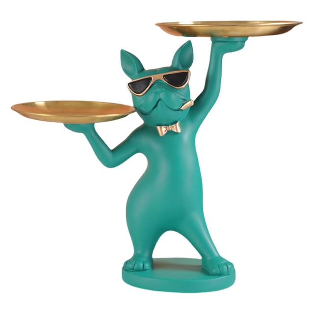 Bandeja de escritorio con estatua de bulldog moderna y genial, escultura para aperitivos, decoración artística para mesa. verde