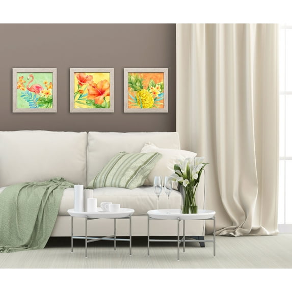 Gango Home Decor Beautiful Watercolor-Style Tropical Hisbiscus, Pineapple & Flamingo Set; Three 12x12in Art Prints in Distressed White Frames