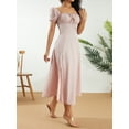 thumbnail image 3 of Liacowi Women Juniors Midi Dress Summer Short Puff Sleeve Ruched Bust A-Line Dress Pink Slit Sundress, 3 of 9