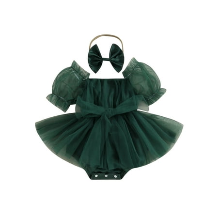 

Newborn Baby Girls Casual Rompers Dress Flower Embroidery Mesh Short Sleeve Jumpsuits Headband Princess Outfits