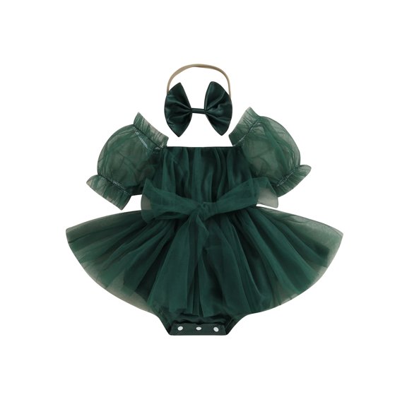 PaerPade Baby Toddler Girls Summer Romper Dresses 0 6 12 18 24 Months Short Sleeve Bow Tulle Bodysuit Dress with Headband