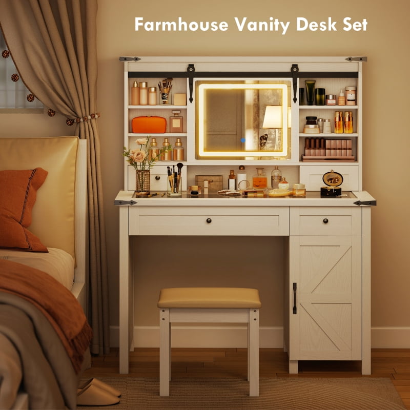 HOQBN Vanity Desk Set with Mirror and Lights, Cushioned Stool, Storage Drawer, Cabinet, and Shelves for Bedroom, White