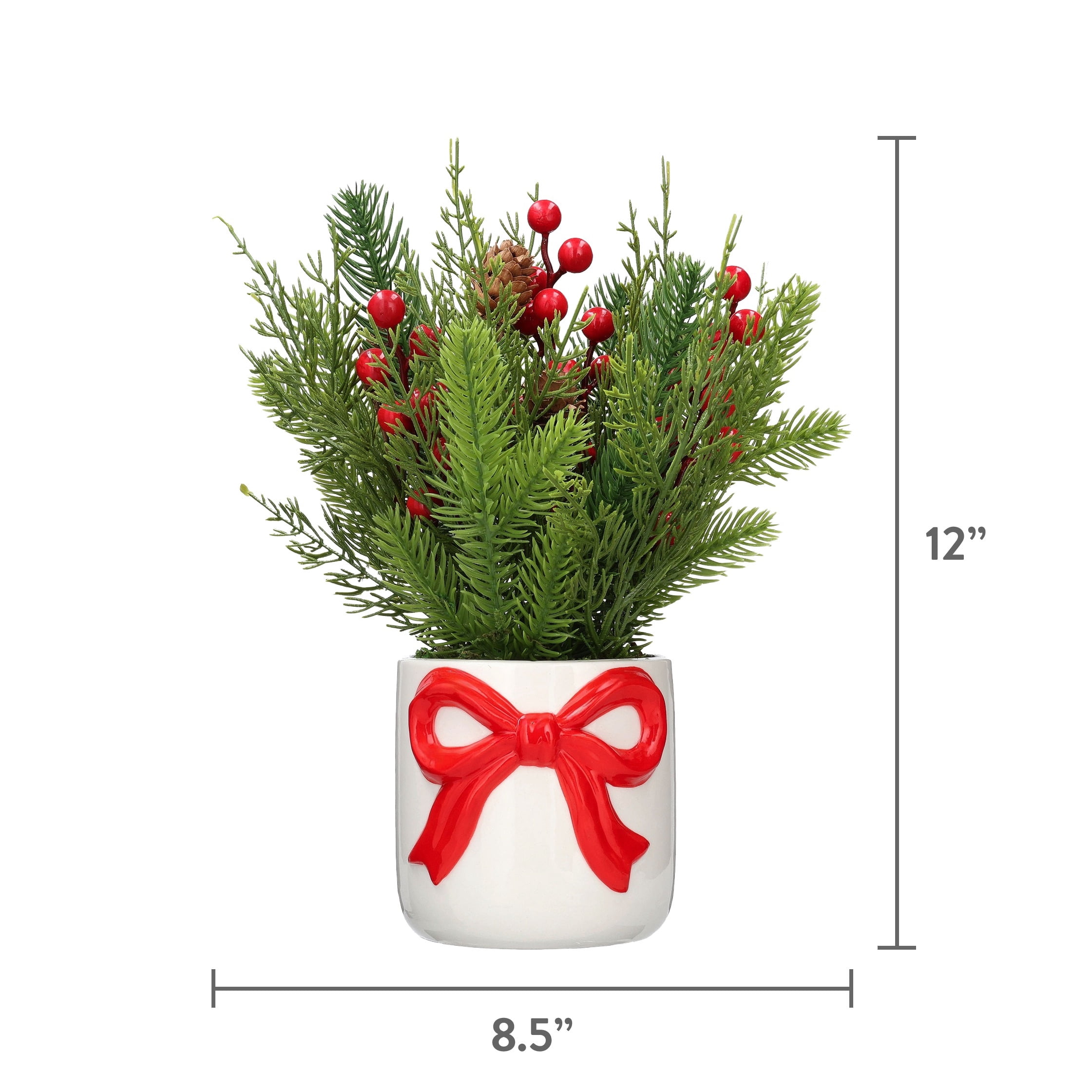 Greenery and Berries Christmas Arrangement in Ceramic Pot, Green/Red/White, 12", by Holiday Time