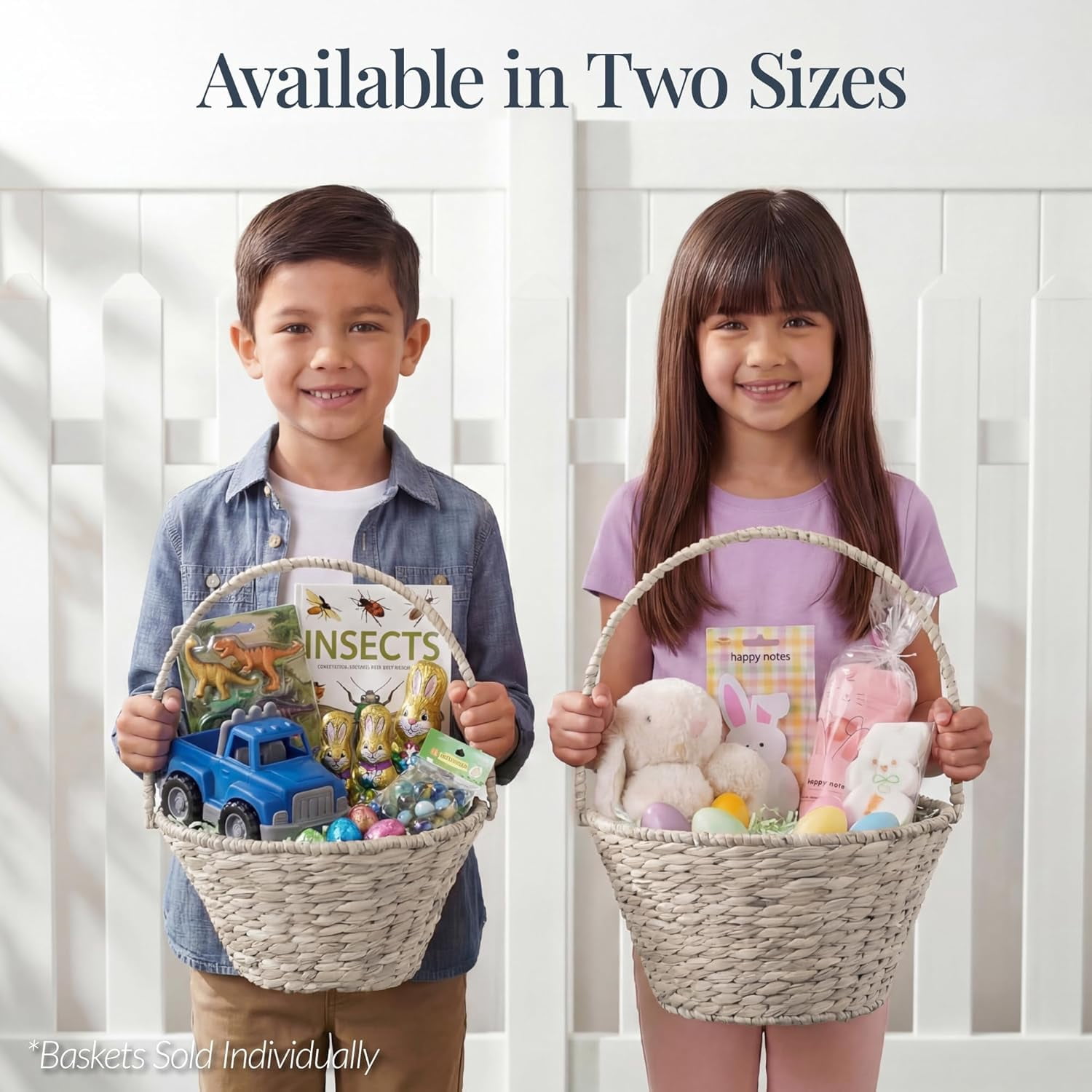 Themis Handwoven Easter Basket, Small Woven Easter Basket for Kids, Easter Egg Hunt Basket w/Collapsible Handle, Tapered Shape, Water Hyacinth - White