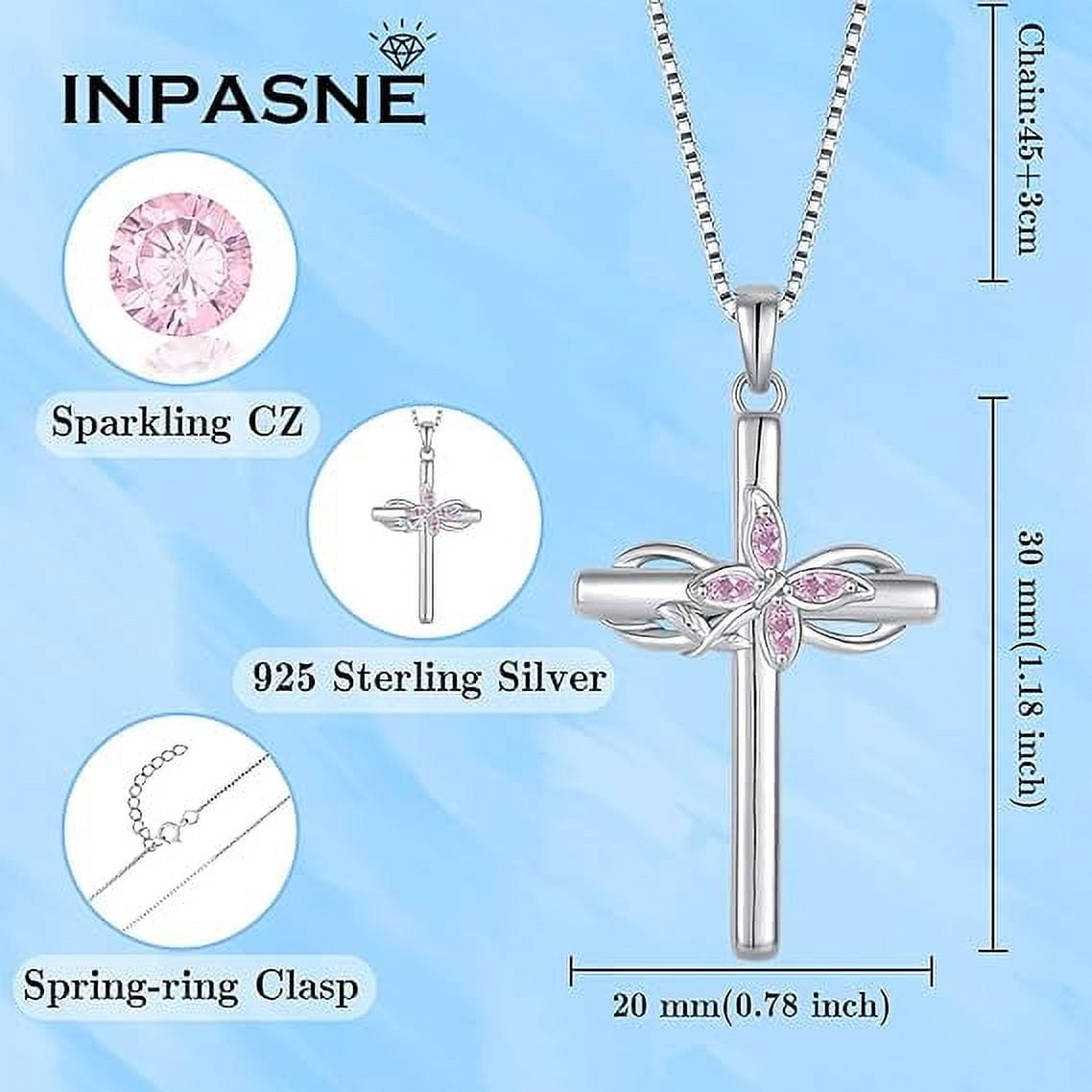 Inpasne Cross Necklace for Women 925 Sterling Silver Infinity Butterfly Pink Tourmaline Necklace October Birthstone Jewelry Gifts for Women Her Mom Wife Girlfriend Daughter