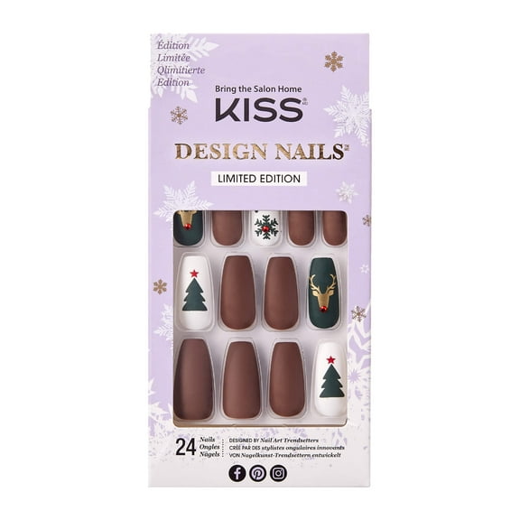 KISS Special Design Limited Edition Holiday Fake Nails, Style ‘Christmas Miracle’, Multi-Colored Long Gel Coffin Reindeer, with Nail Glue, Mini File, Manicure Stick & 24 False Nails