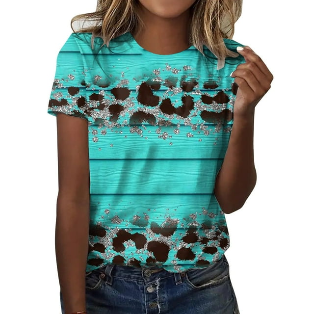 TSADFHJI Hauts Mignons pour Femmes, T-Shirt à Col Rond Imprimé Léopard Contrasté, Débardeurs d'Été Décontractés pour Femmes, Blouse à Manches Courtes, T-Shirts d'Entraînement Décontractés, S Bleu