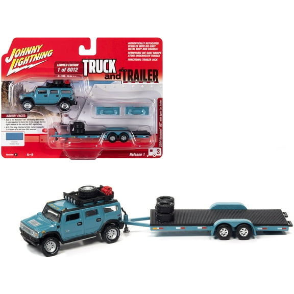 2004 Hummer H2 Ocean Blue w/Open Trailer Ltd Ed to 6012 pcs "Truck & Trailer" Series 1/64 Diecast Model Car by Johnny Lightning
