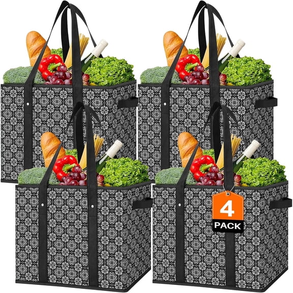 Reusable Grocery Bags [4 Pack],Large Grocery Tote Bag Water Resistant Shopping Bags Foldable Grocery Bag for Clothes,Shoes and Picnic,Black